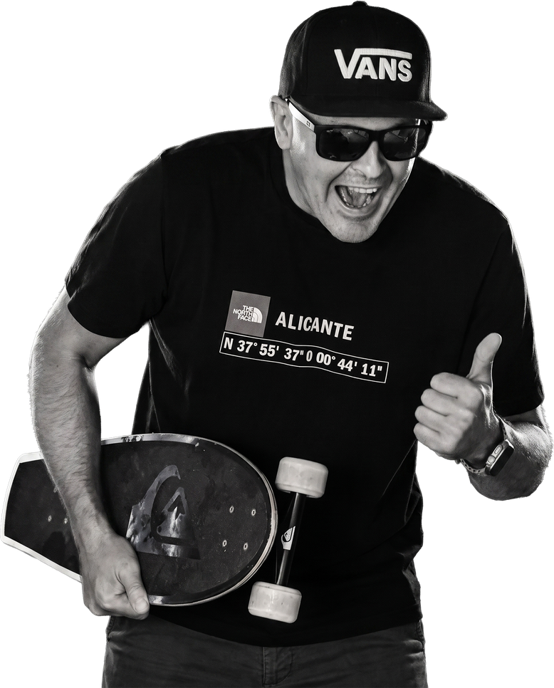 Oleg Zybailov holding a skateboard