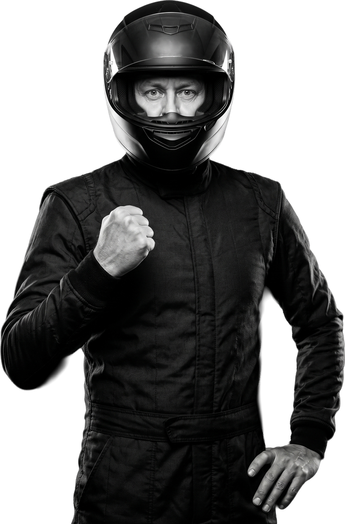 Oleg Zybailov in a race suit and helmet